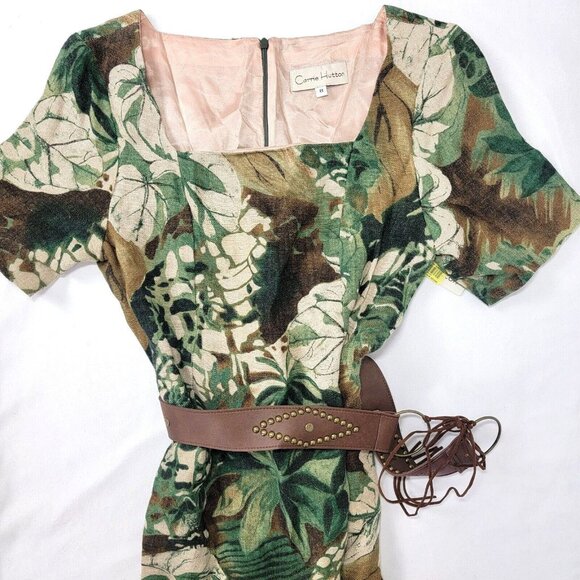 NEW Carrie Hutton Short Sleeve Linen Dress Size 8 Brown Green Tropical Floral - Picture 1 of 8
